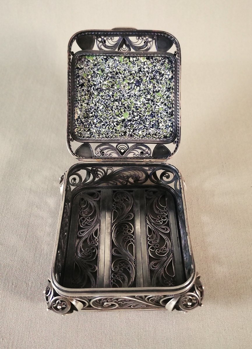 Antique Russian Work, Silver Filigree & Enamel Painted Goldsmith's Box Or Casket-photo-3