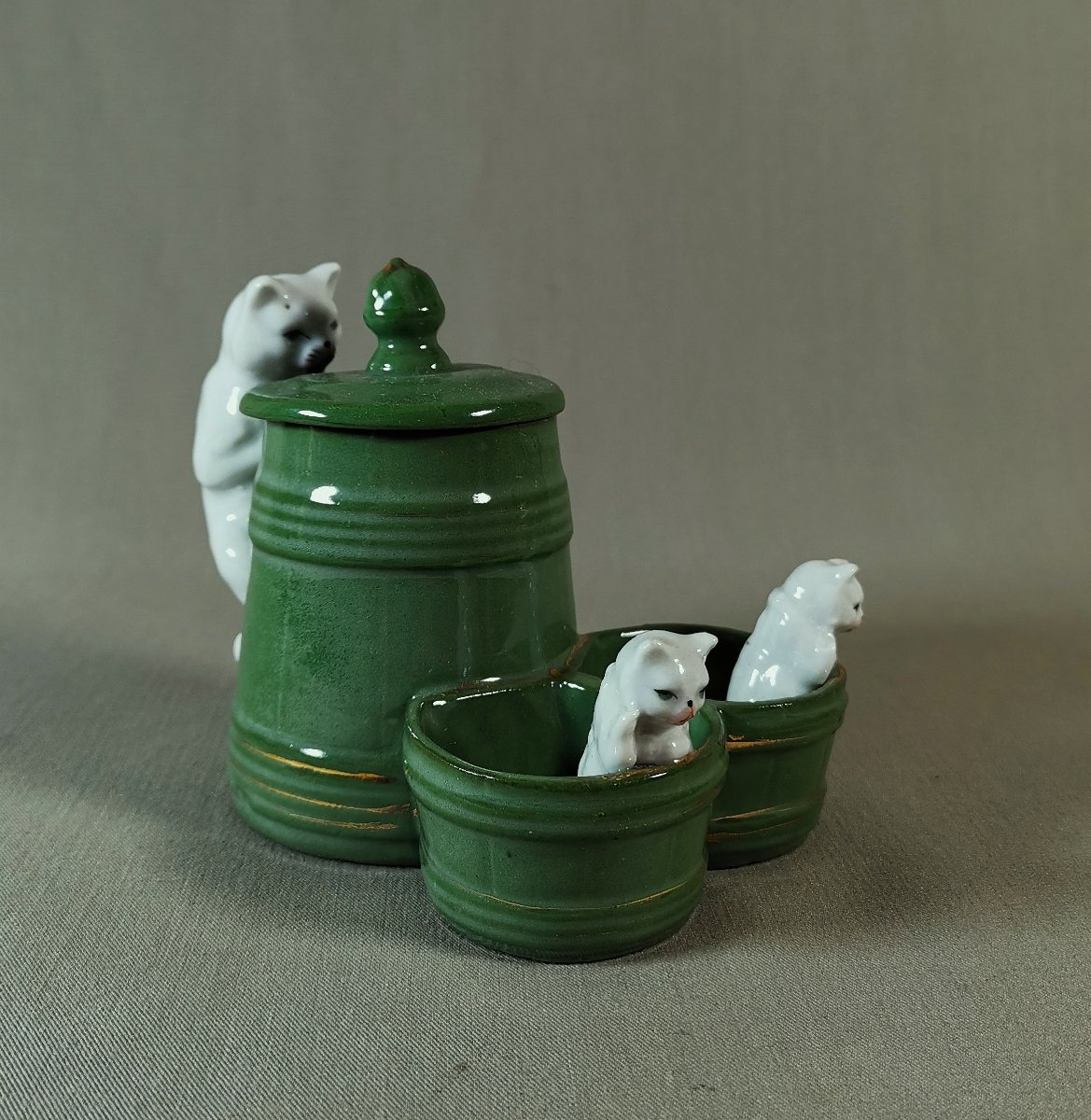 Salerons Moutardier en Porcelaine figurant Chatons & Chat, Periode Art-Deco, vers 1930 -photo-3