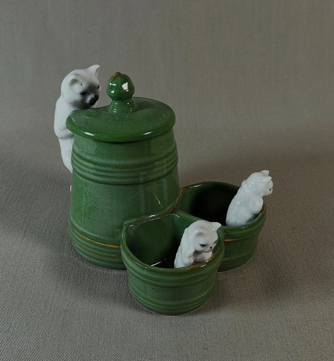 Salerons Moutardier en Porcelaine figurant Chatons & Chat, Periode Art-Deco, vers 1930 -photo-4