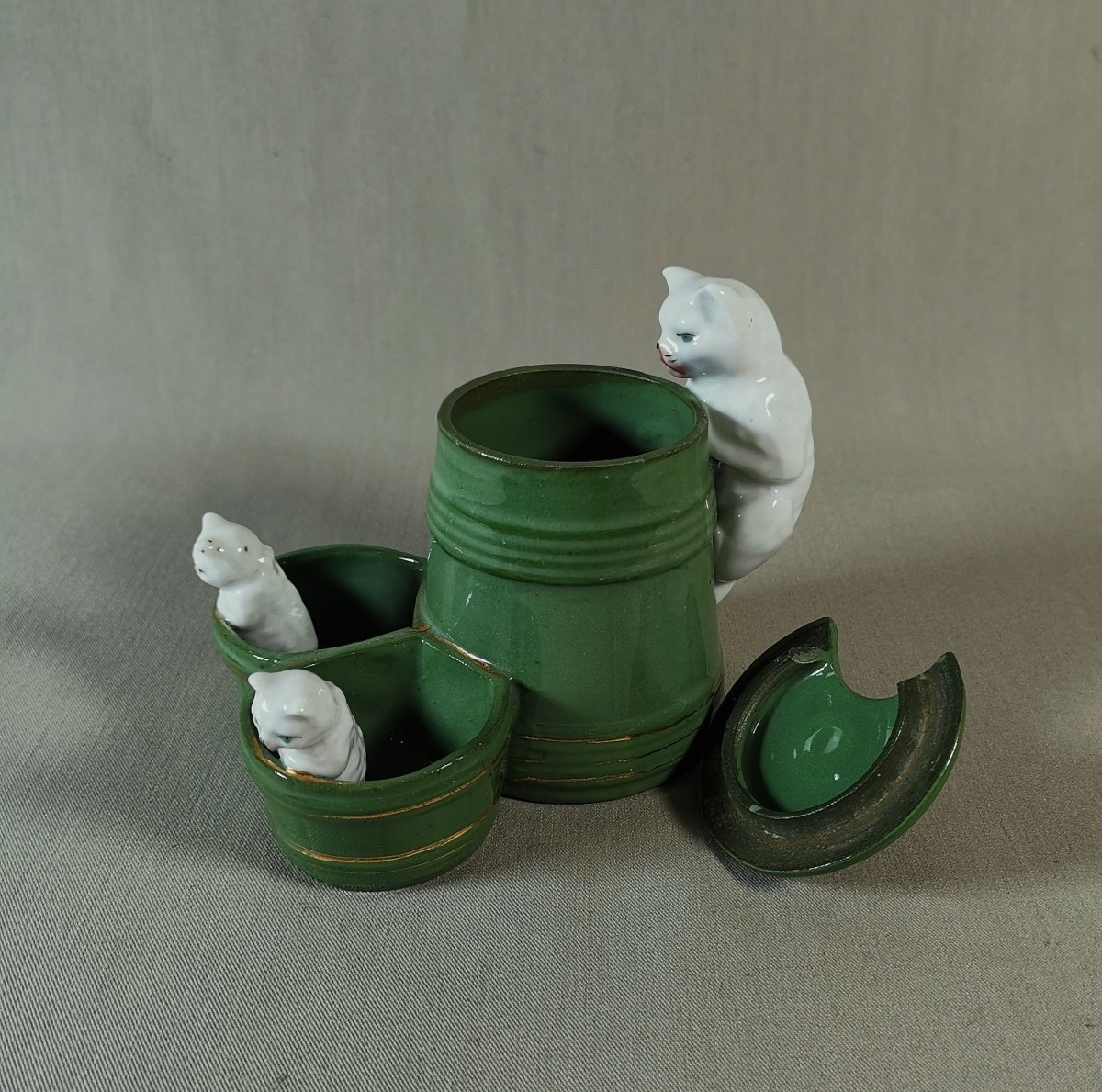 Salerons Moutardier en Porcelaine figurant Chatons & Chat, Periode Art-Deco, vers 1930 -photo-1