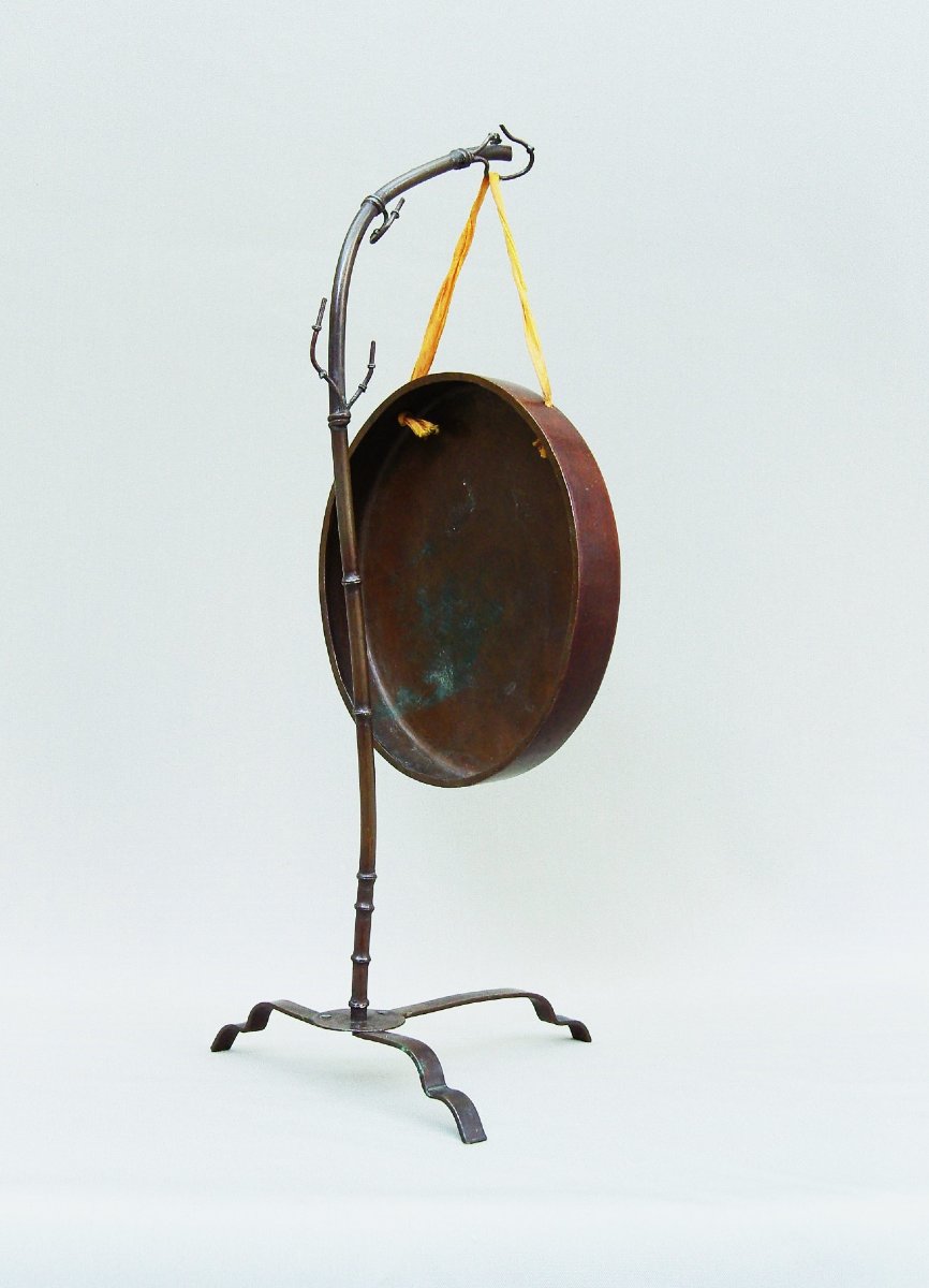 Japan Meiji Period, Gong With Engraving Of Flowers, Birds And Triskel, Stem Imitation Bamboo-photo-3