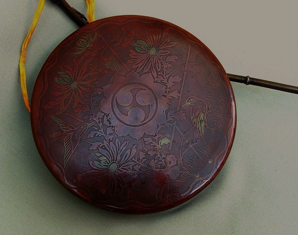 Japan Meiji Period, Gong With Engraving Of Flowers, Birds And Triskel, Stem Imitation Bamboo-photo-7