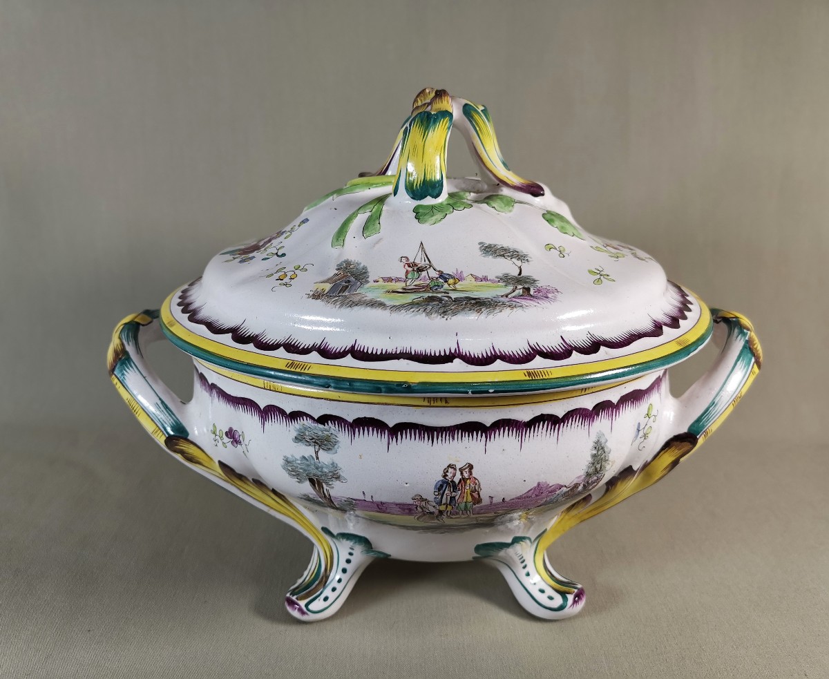 Marseille Faience, Terrine With Petit Feu Decoration, Veuve Perrin Manufacture Or In The Style