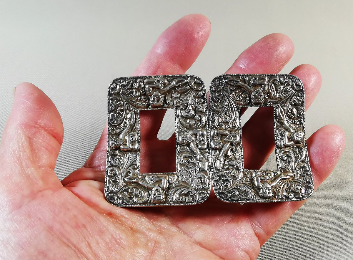 Bouche de Ceinture Baroque Ancienne, Argent Fondu & Ciselé, décor de Personnages Barbus-photo-4