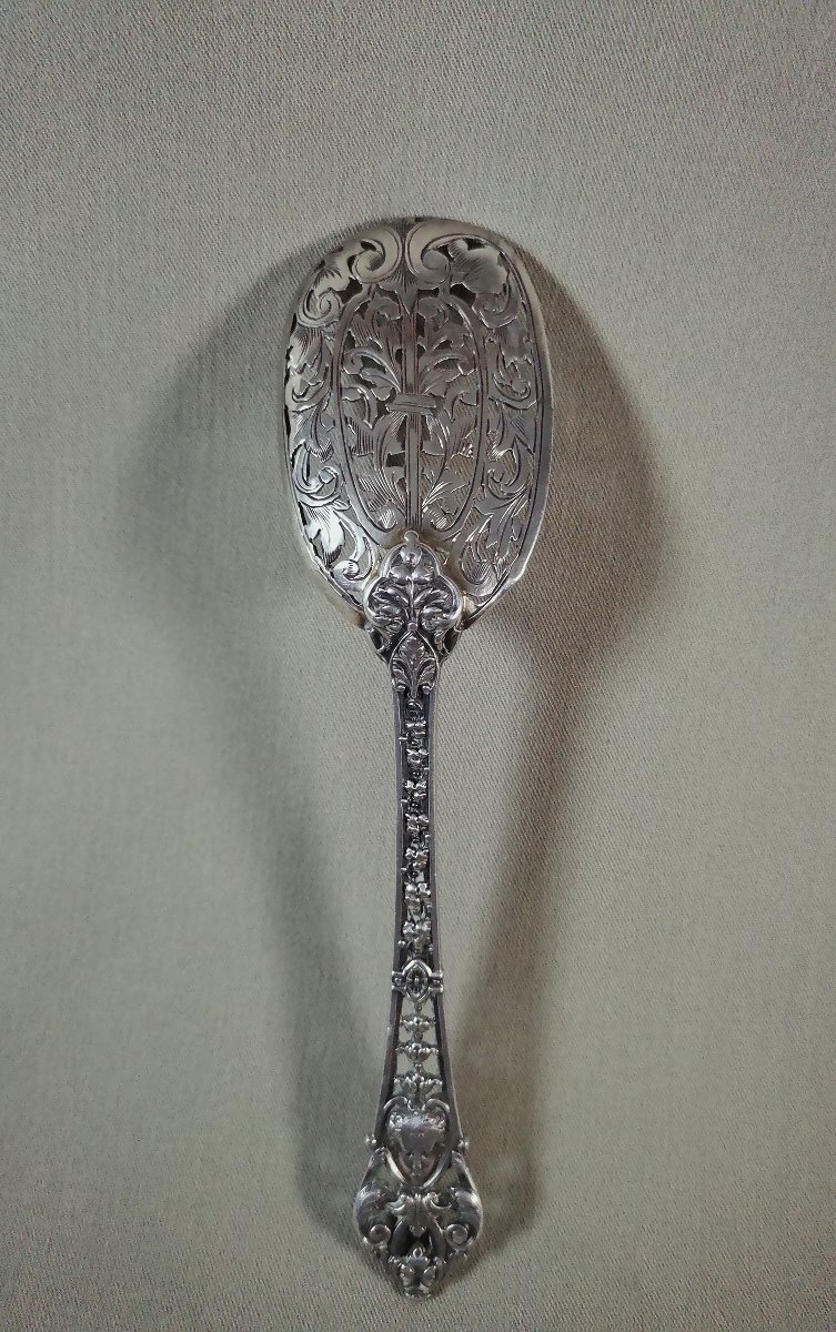 Cuillère à Saupoudrer en Argent richement Repercée, ou à Mignardises, Orfèvre Henri Soufflot-photo-2
