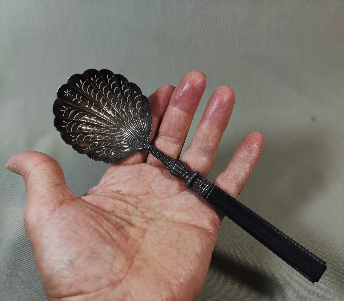 Silver And Ebony Sprinkling Spoon, Old Man's Hallmark, 1819-1838, Gadroons & Shells-photo-5