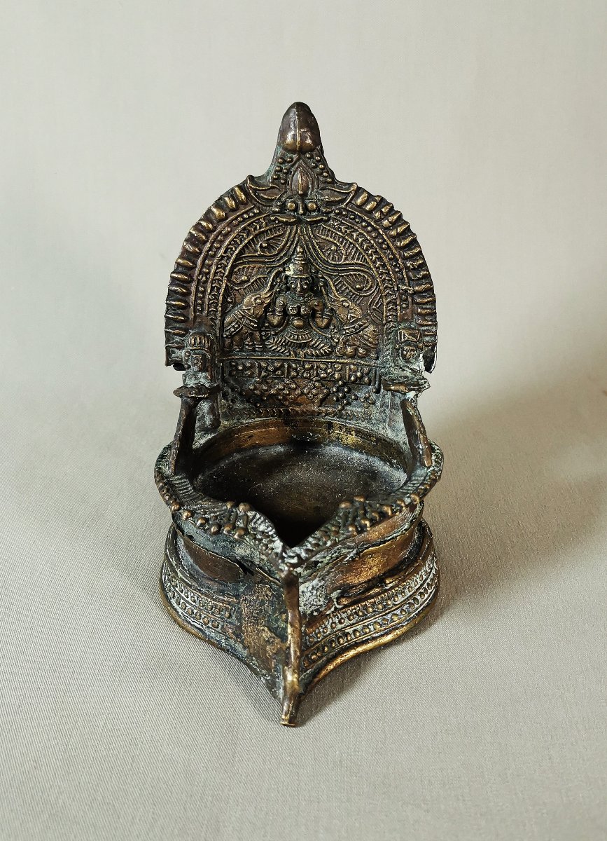 Antique Bronze Oil Lamp, Lakshmi Tamil Nadu South India, 19th Century-photo-5