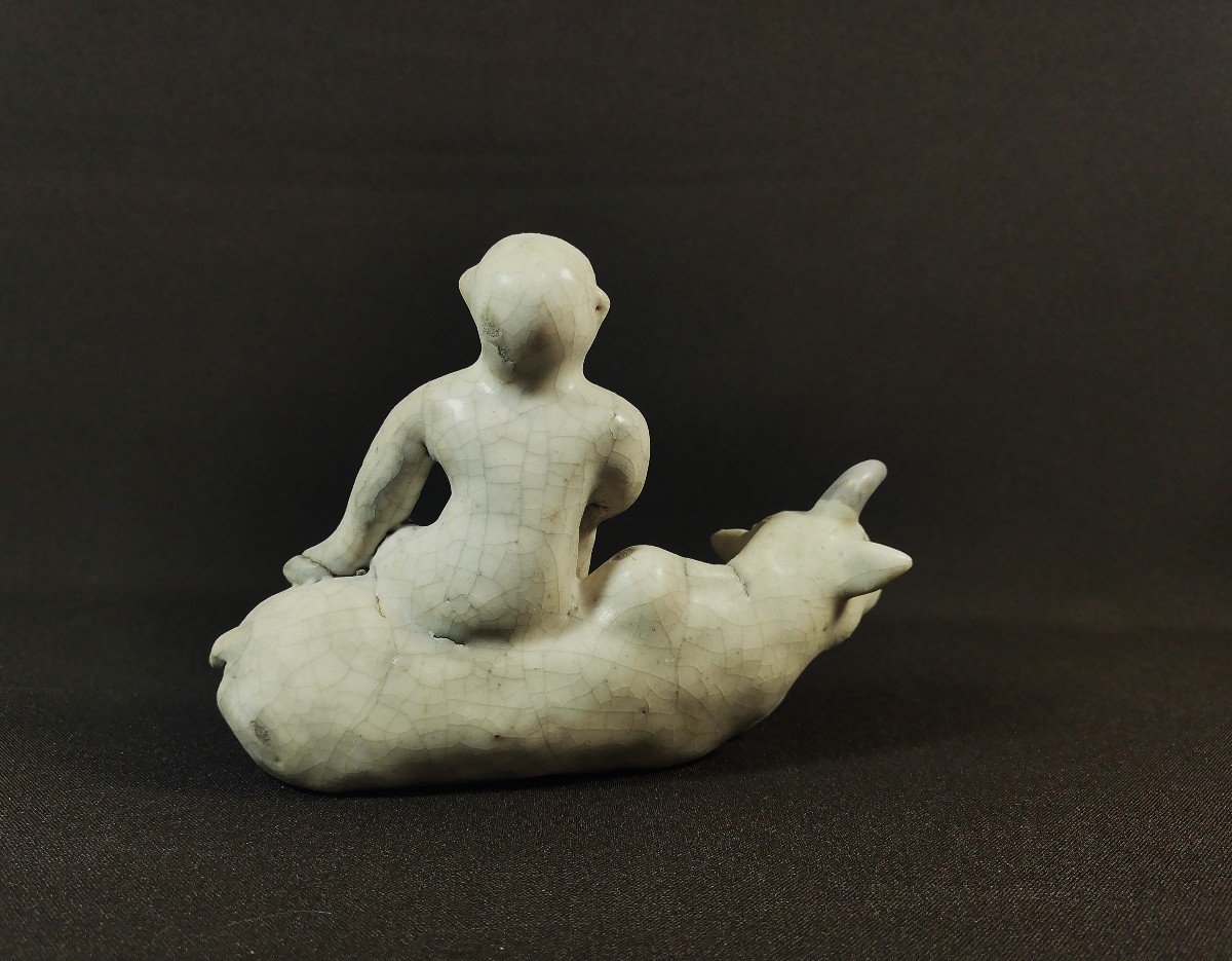 Chine Dynastie Yuan,  Statuette Garçon Chevauchant un Buffle d'Eau, Terre Cuite Glaçurée-photo-3