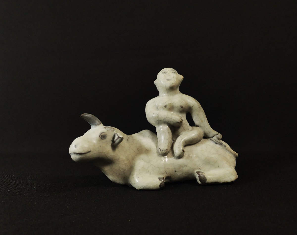 Chine Dynastie Yuan,  Statuette Garçon Chevauchant un Buffle d'Eau, Terre Cuite Glaçurée-photo-8