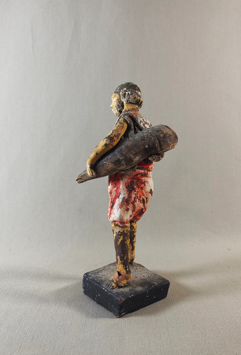 Statuette antique, Grèce, Béotie, Thébes, Rhitsona, Terre cuite Figurant un Porteur d'Eau, -photo-3