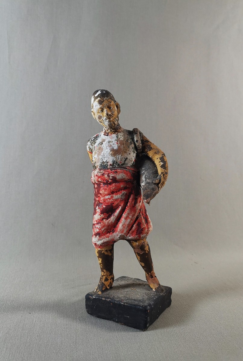 Statuette antique, Grèce, Béotie, Thébes, Rhitsona, Terre cuite Figurant un Porteur d'Eau, 