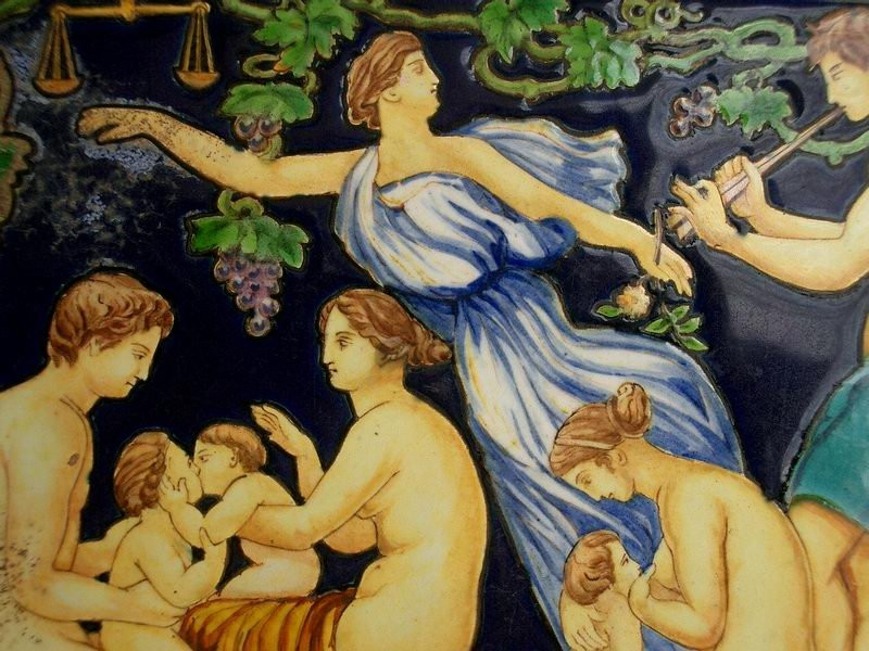 Italie, Urbino, Montelupo, Petite Plaque en Majolique à Décor de Bacchanales, Dieu Pan, etc.-photo-2