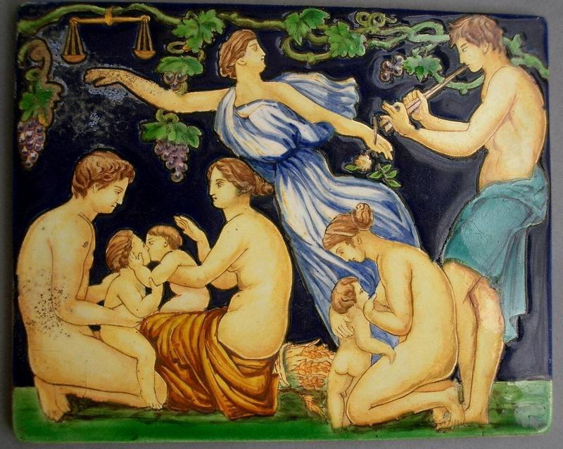 Italie, Urbino, Montelupo, Petite Plaque en Majolique à Décor de Bacchanales, Dieu Pan, etc.-photo-1