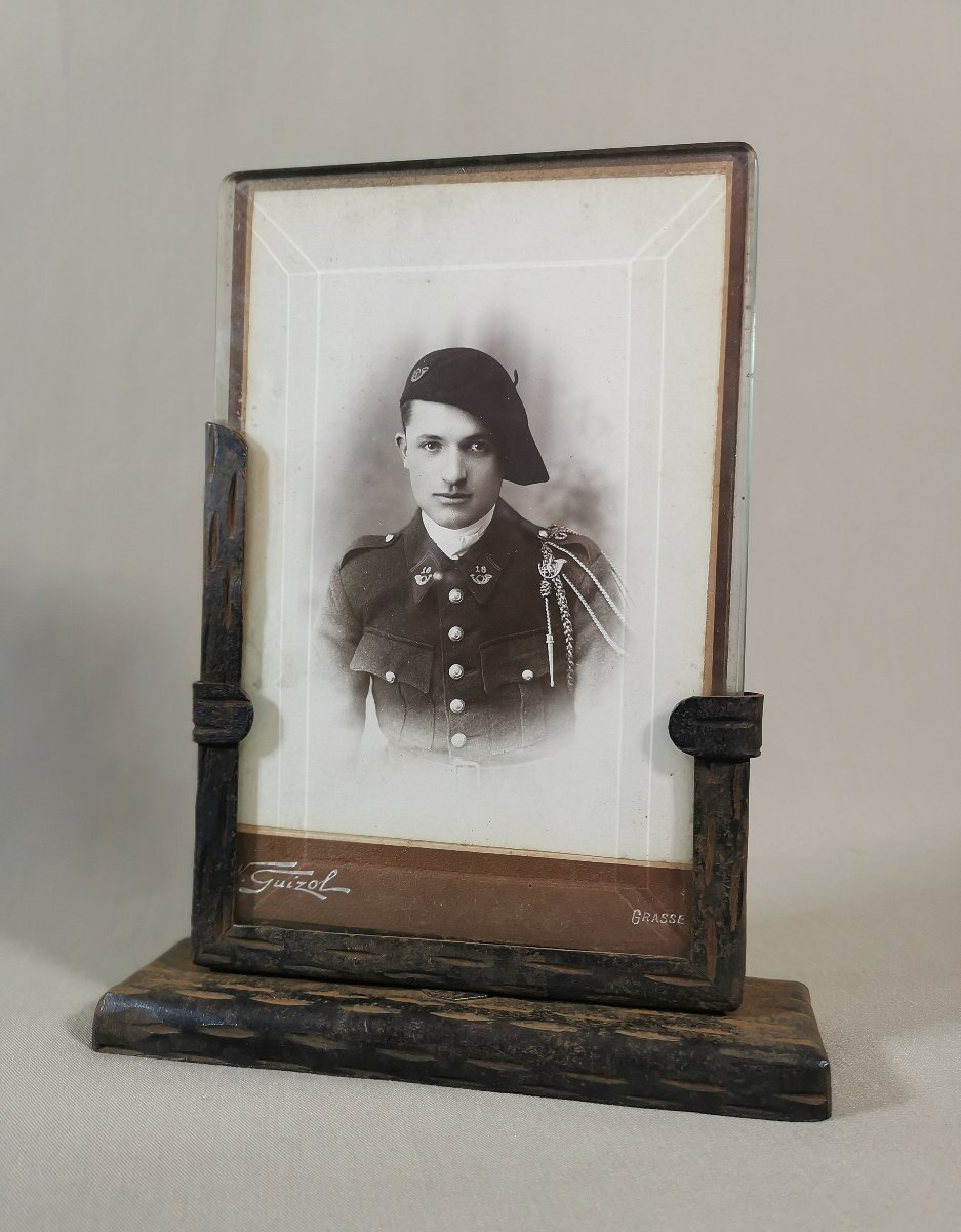 Wrought Iron Photo Frame With Beveled Glass And A Photo Of An Alpine Chasseur Officer, Circa 1920-photo-4