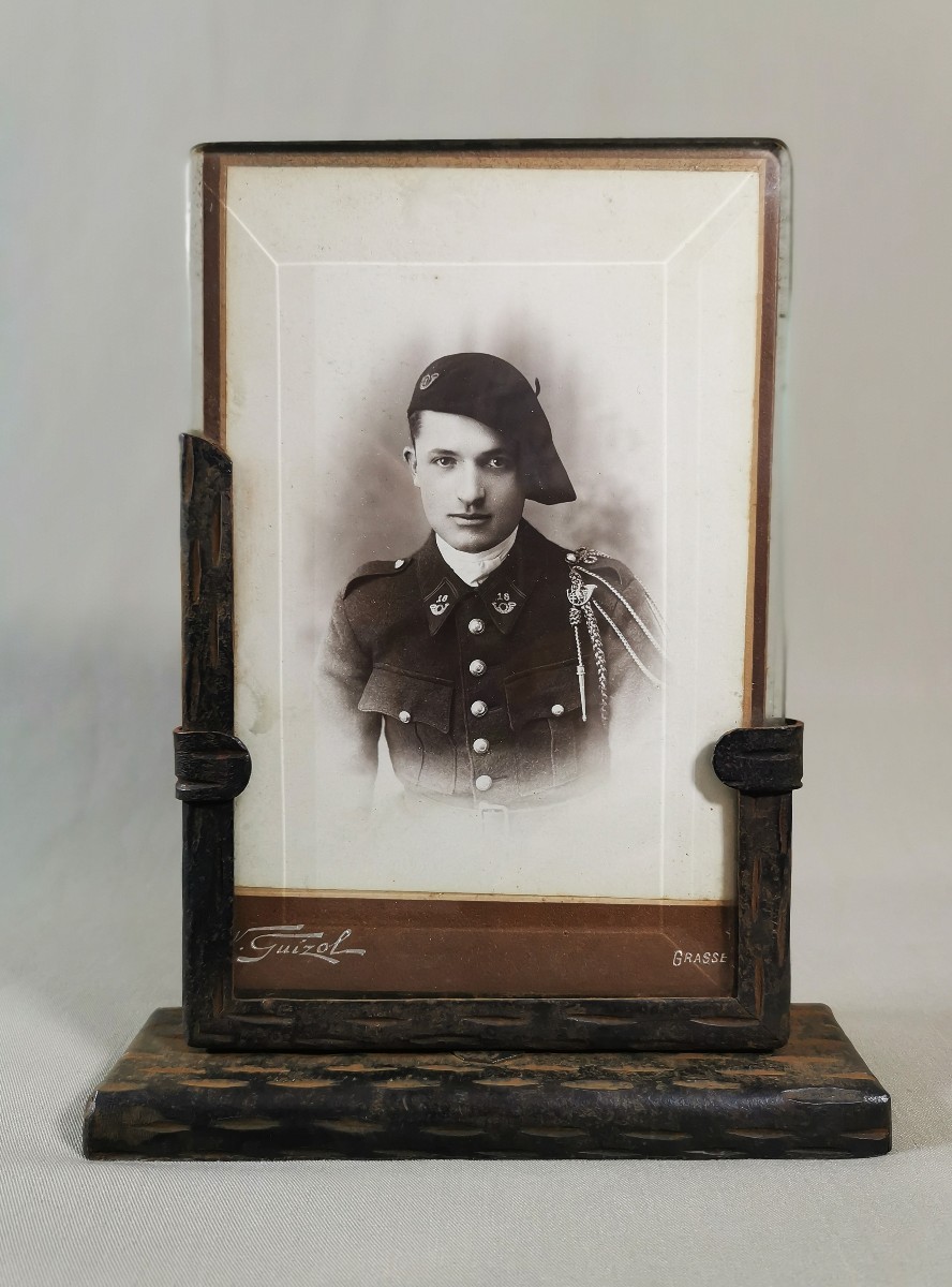Wrought Iron Photo Frame With Beveled Glass And A Photo Of An Alpine Chasseur Officer, Circa 1920
