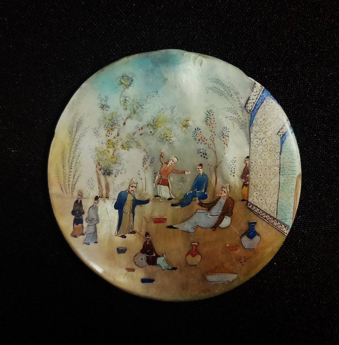 Two Ancient Persian Miniatures Painted On Shell, Scholar's Garden And Hunting Scene-photo-3