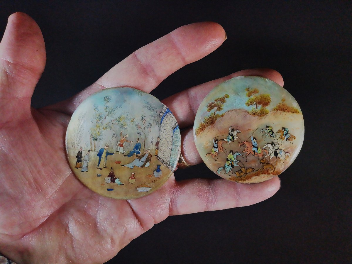 Two Ancient Persian Miniatures Painted On Shell, Scholar's Garden And Hunting Scene-photo-4