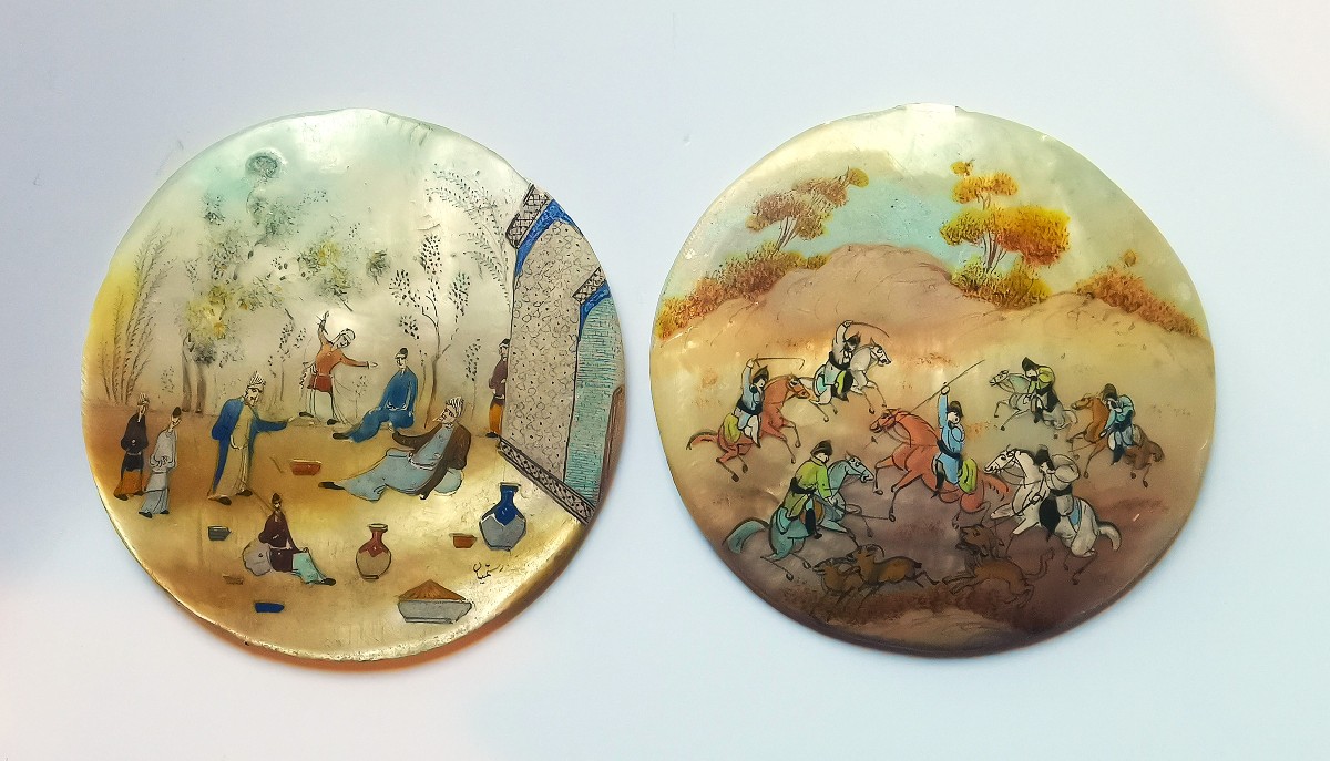 Two Ancient Persian Miniatures Painted On Shell, Scholar's Garden And Hunting Scene