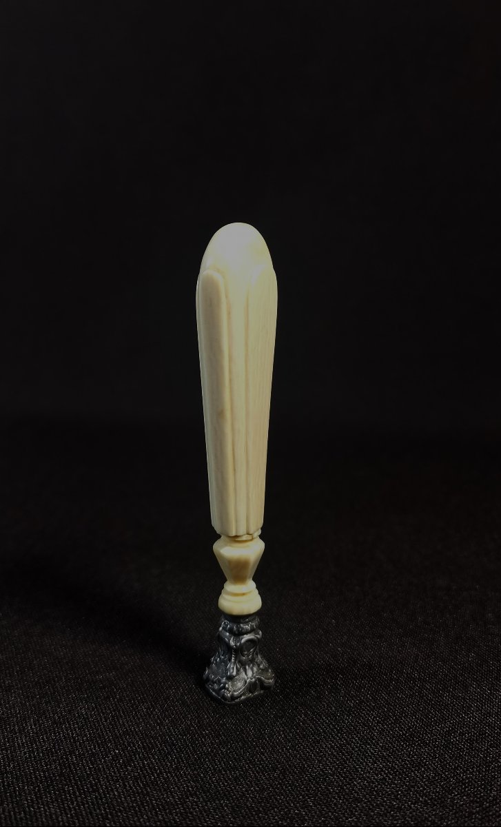 Sceau à Cacheté du XIXème Siècle en Ivoire et Argent, Chiffré, poinçon à la Hure de Sanglier-photo-3