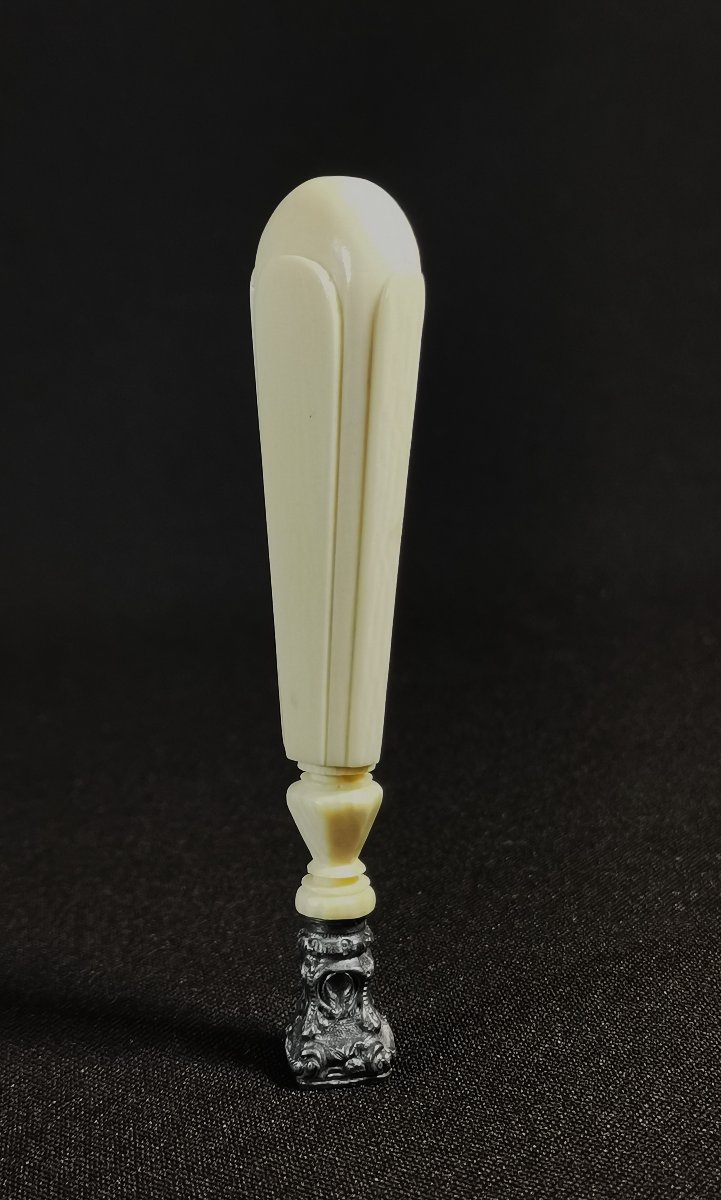 Sceau à Cacheté du XIXème Siècle en Ivoire et Argent, Chiffré, poinçon à la Hure de Sanglier-photo-2