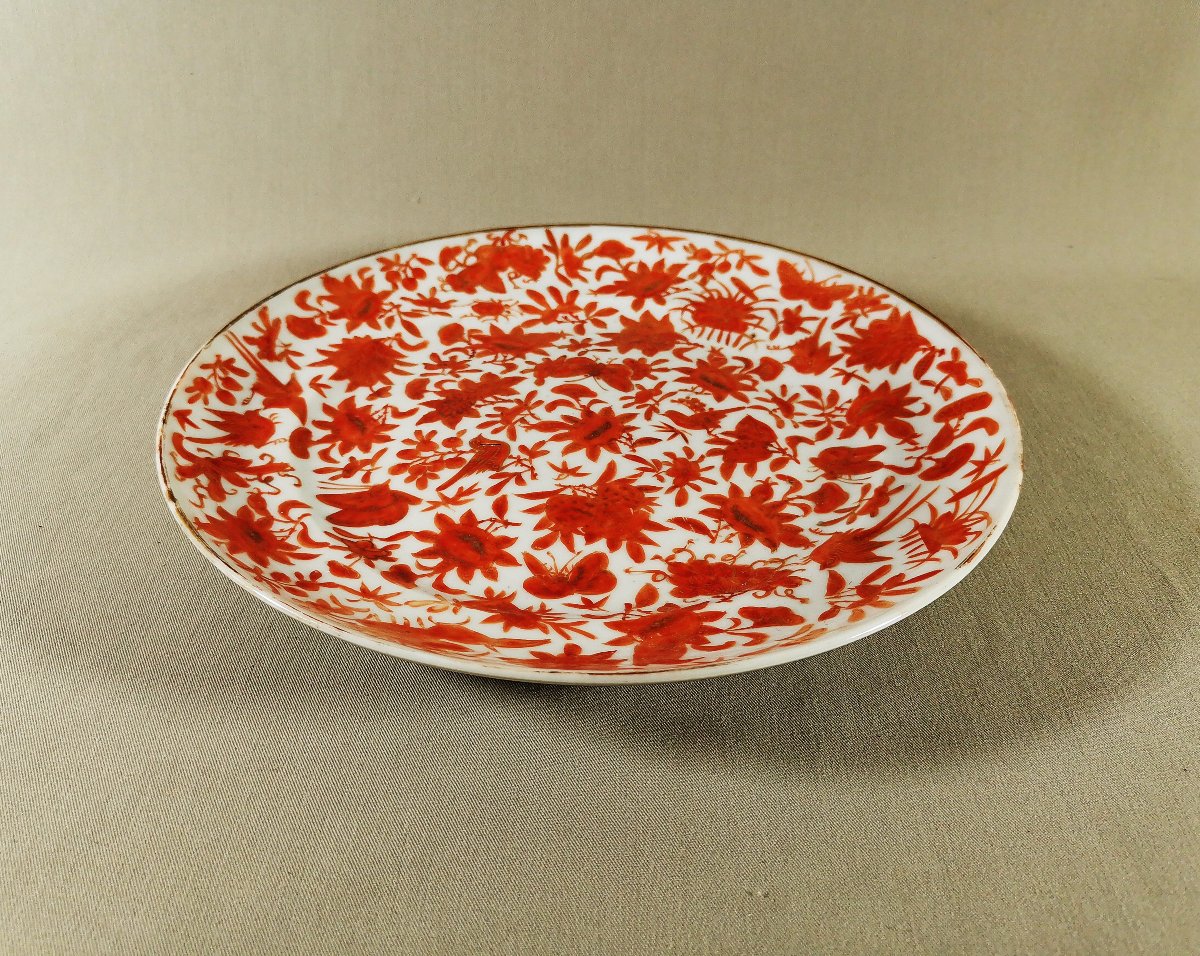 Assiette Porcelaine Début XIXe, Chine Canton Décor Rouge de Fer & Or Oiseaux, Papillons, fleurs-photo-2
