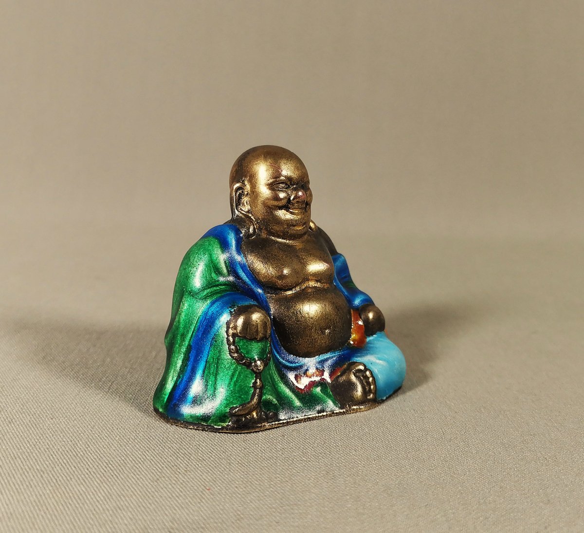 Miniature Laughing Buddha, Gilded & Enameled Copper, Putai Figure, Republic Of China Period-photo-2