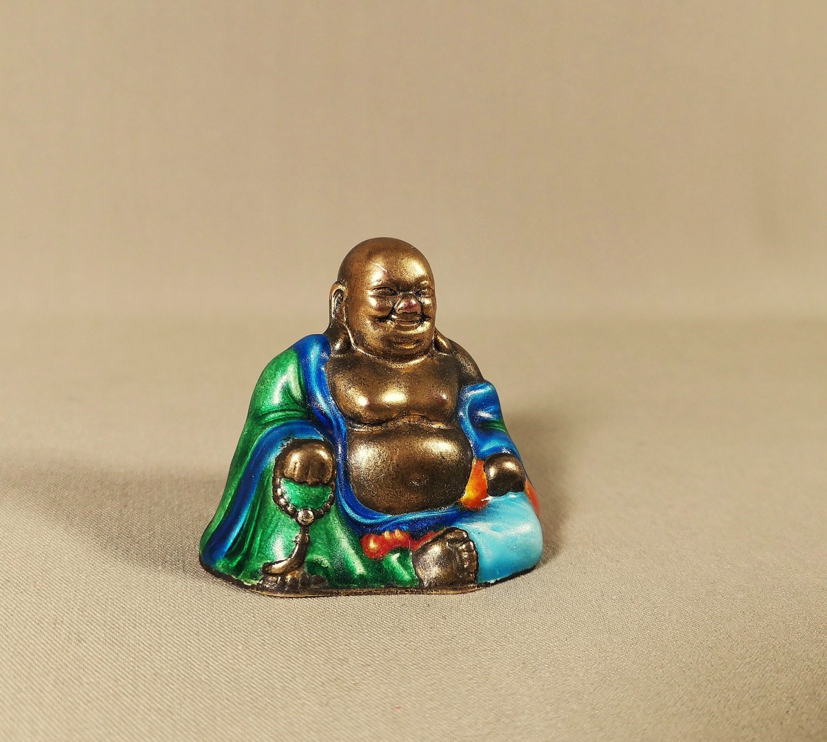 Miniature Laughing Buddha, Gilded & Enameled Copper, Putai Figure, Republic Of China Period