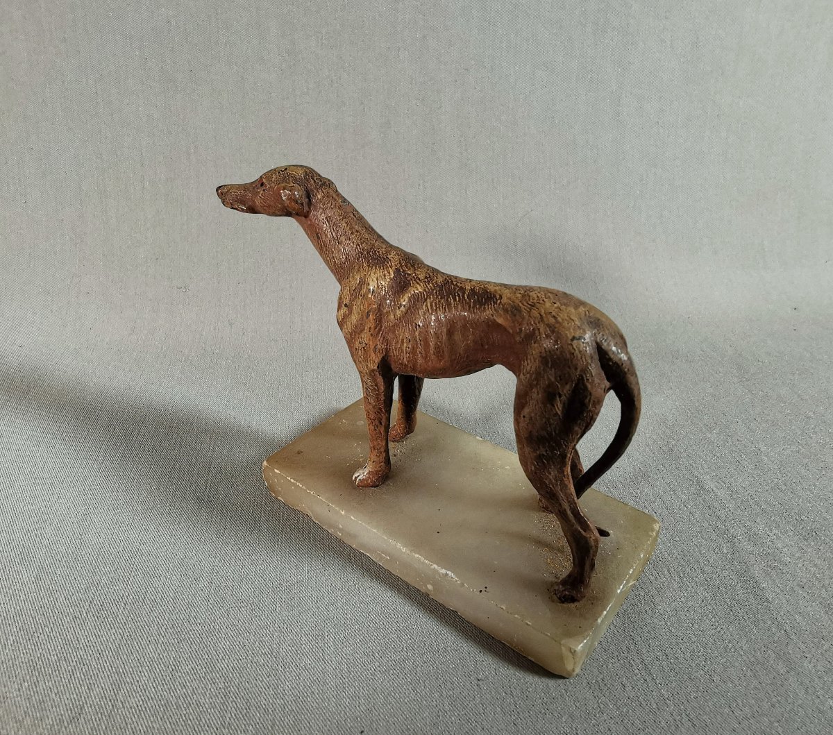 19th Century Nuremberg Polychrome Lead, Greyhound Or Whippet Dog On Onyx Base-photo-1
