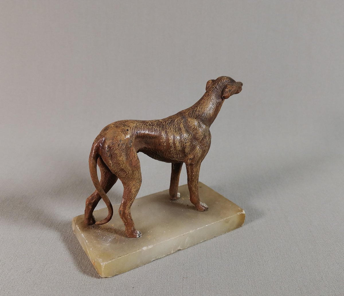19th Century Nuremberg Polychrome Lead, Greyhound Or Whippet Dog On Onyx Base-photo-3