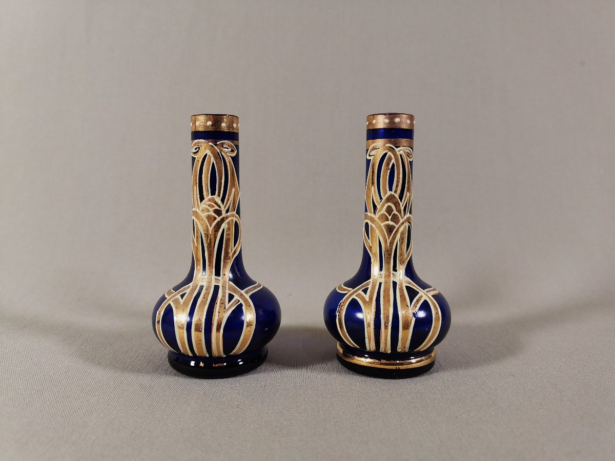 Art Nouveau Jugendstil Glass, Pair Of Miniature Vases, Sapphire Blue Glass With Rings & Gold Decoration-photo-2
