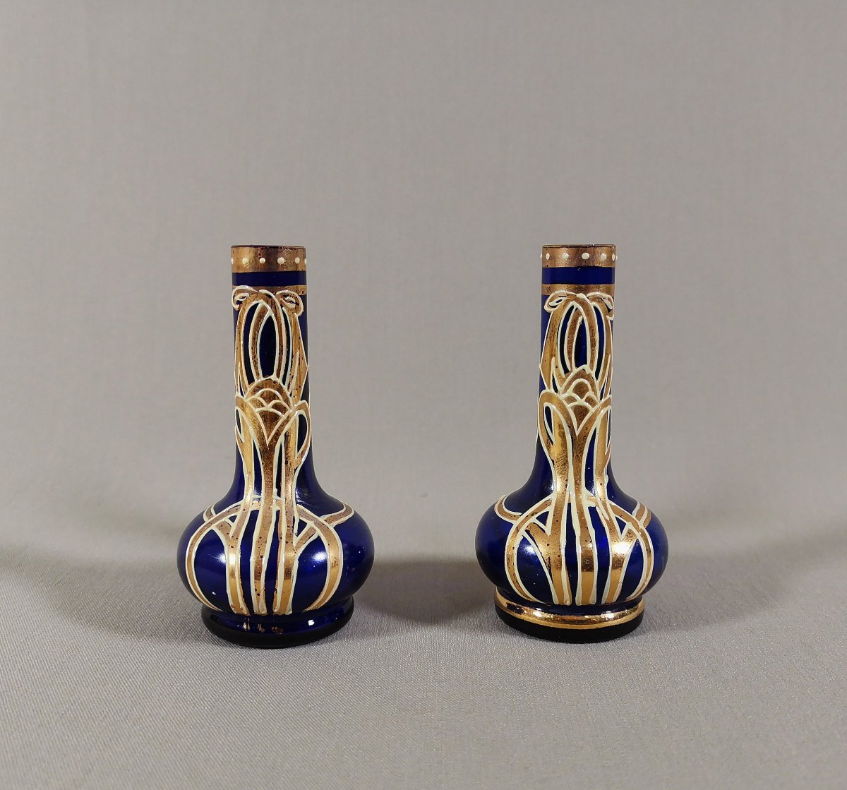 Art Nouveau Jugendstil Glass, Pair Of Miniature Vases, Sapphire Blue Glass With Rings & Gold Decoration-photo-1