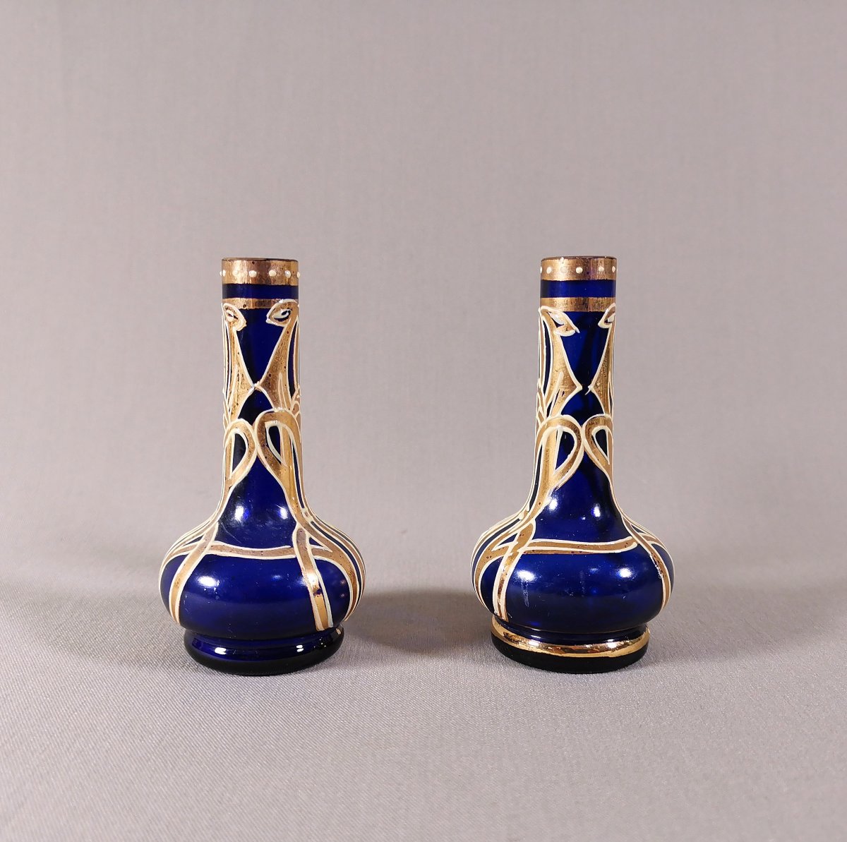 Art Nouveau Jugendstil Glass, Pair Of Miniature Vases, Sapphire Blue Glass With Rings & Gold Decoration-photo-2