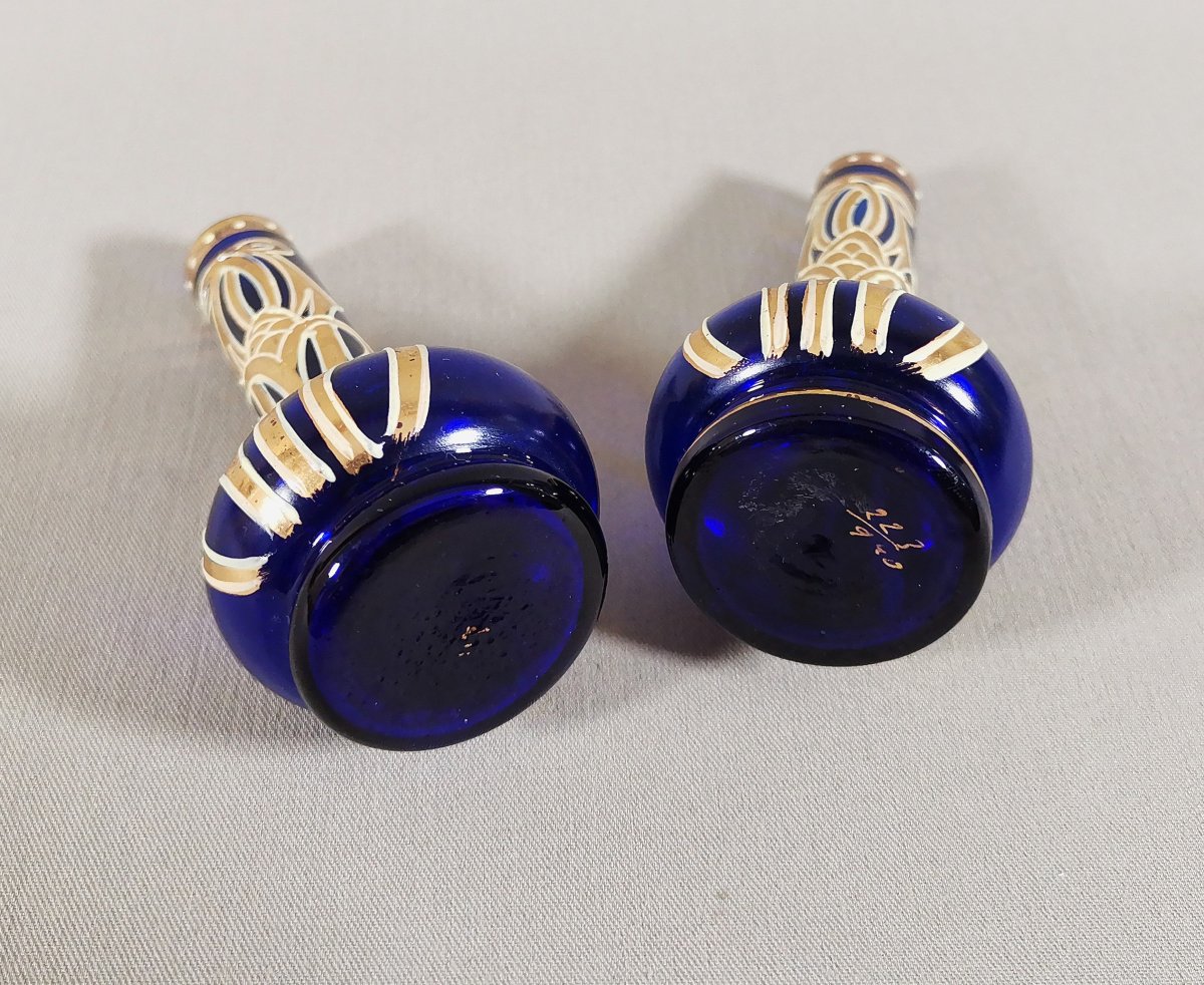 Art Nouveau Jugendstil Glass, Pair Of Miniature Vases, Sapphire Blue Glass With Rings & Gold Decoration-photo-5