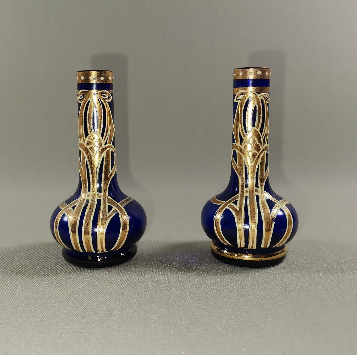 Art Nouveau Jugendstil Glass, Pair Of Miniature Vases, Sapphire Blue Glass With Rings & Gold Decoration