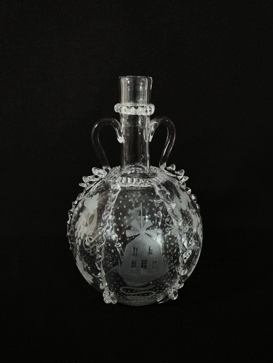 18th Century Dutch Carafe In Blown, Cut And Engraved Glass, Known As A Boule Hollandaise (dutch Ball)-photo-2
