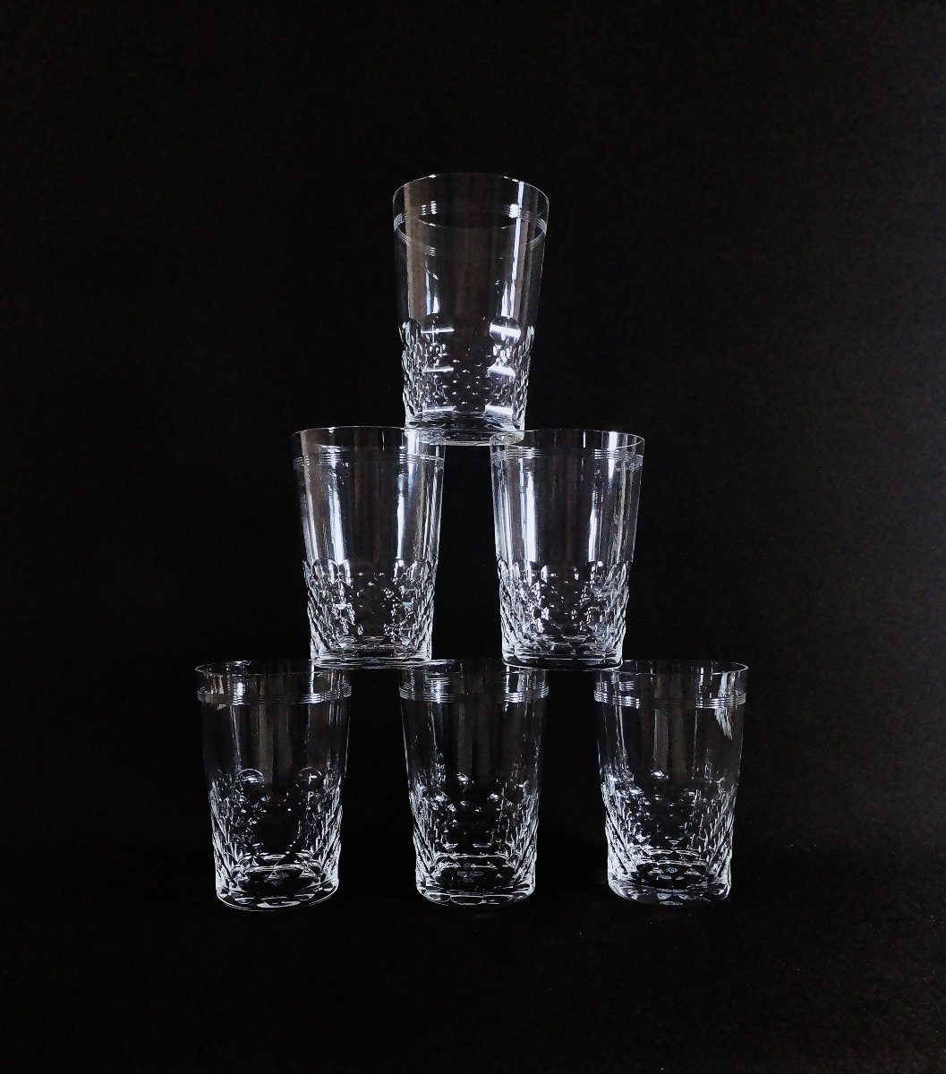 Baccarat Chauny Model, Cut And Engraved Crystal, Six Water Or Orangeade Goblets, Signed-photo-2