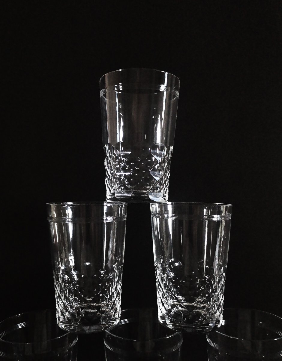 Baccarat Chauny Model, Cut And Engraved Crystal, Six Water Or Orangeade Goblets, Signed-photo-4