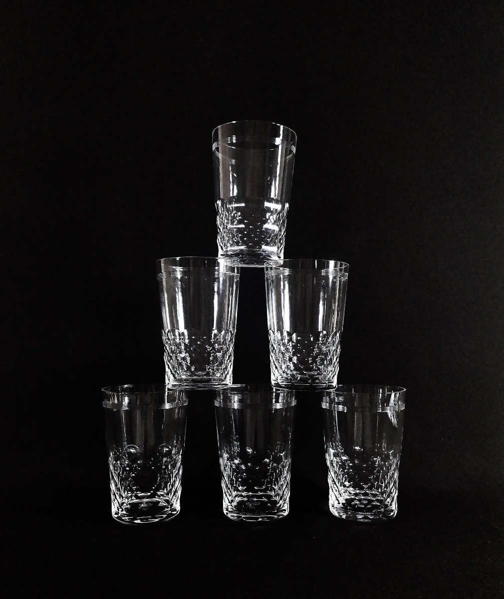 Baccarat Chauny Model, Cut And Engraved Crystal, Six Water Or Orangeade Goblets, Signed-photo-1