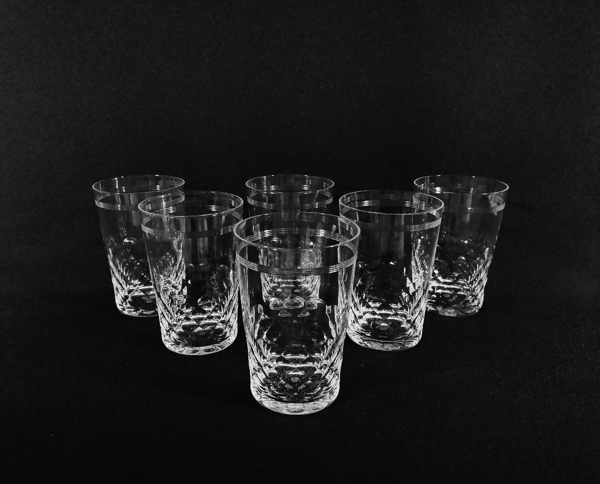 Baccarat Chauny Model, Cut And Engraved Crystal, Six Water Or Orangeade Goblets, Signed-photo-2