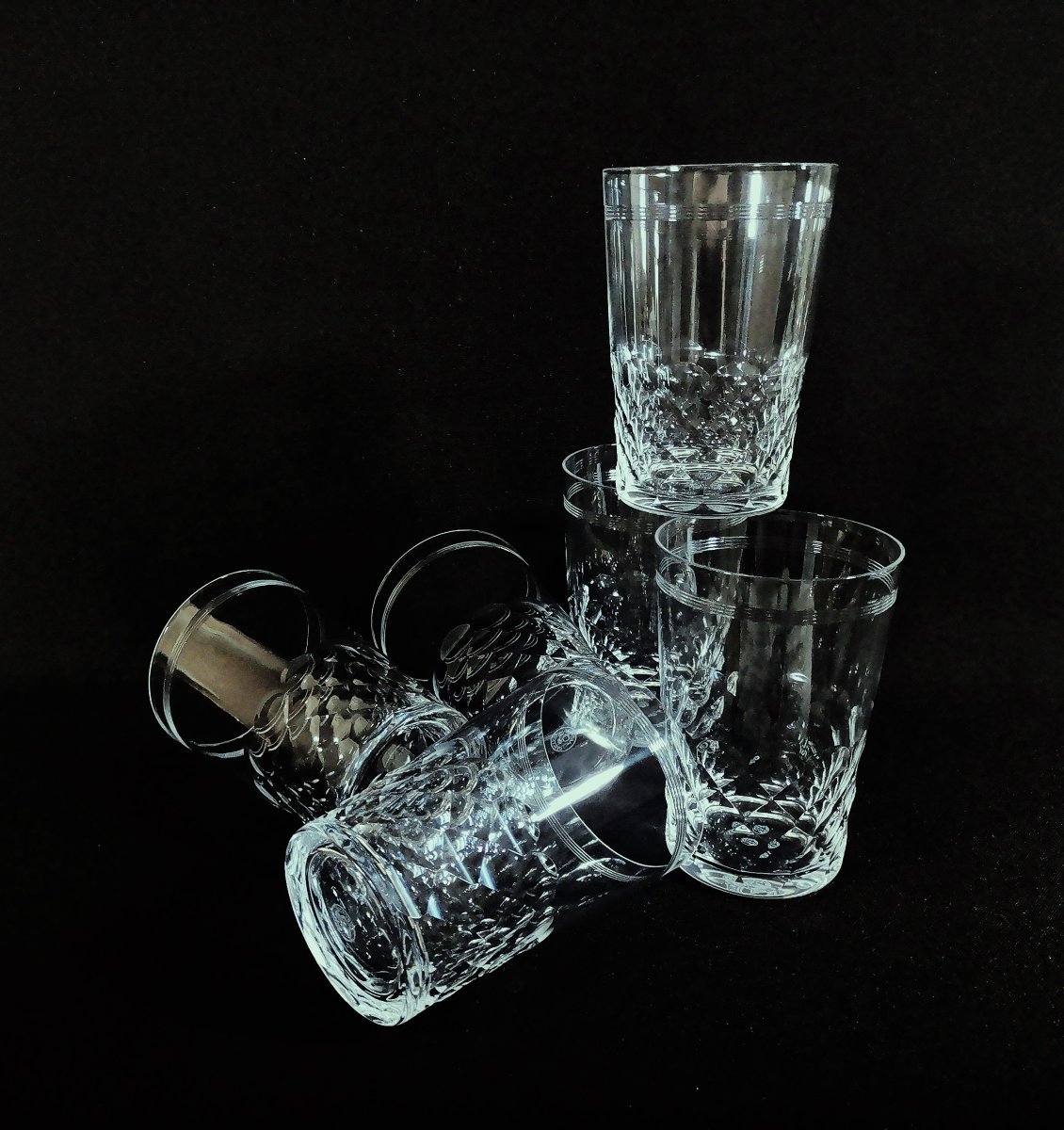 Baccarat Chauny Model, Cut And Engraved Crystal, Six Water Or Orangeade Goblets, Signed-photo-4