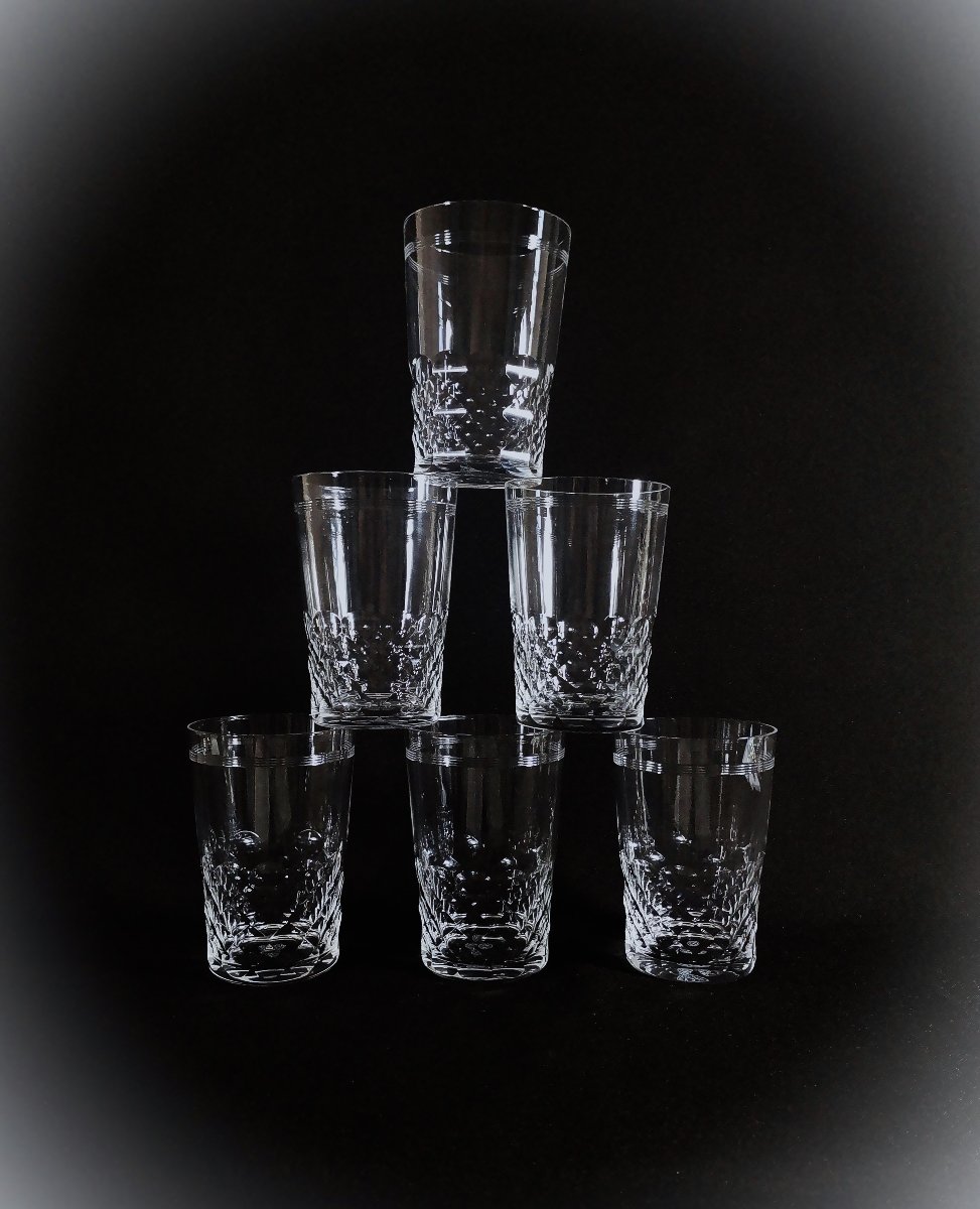 Baccarat Chauny Model, Cut And Engraved Crystal, Six Water Or Orangeade Goblets, Signed-photo-5