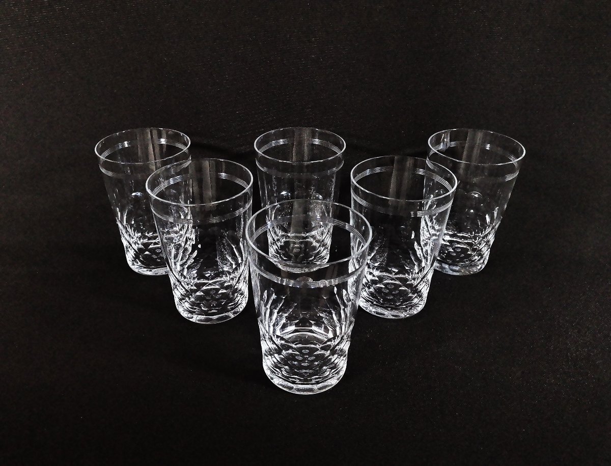 Baccarat Chauny Model, Cut And Engraved Crystal, Six Water Or Orangeade Goblets, Signed