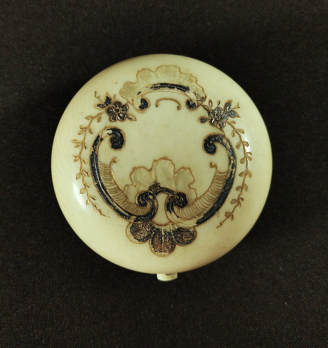 Small Round Box,  Ivory Engraved With Foliage, Flowers, Decorated In Gold And Silver