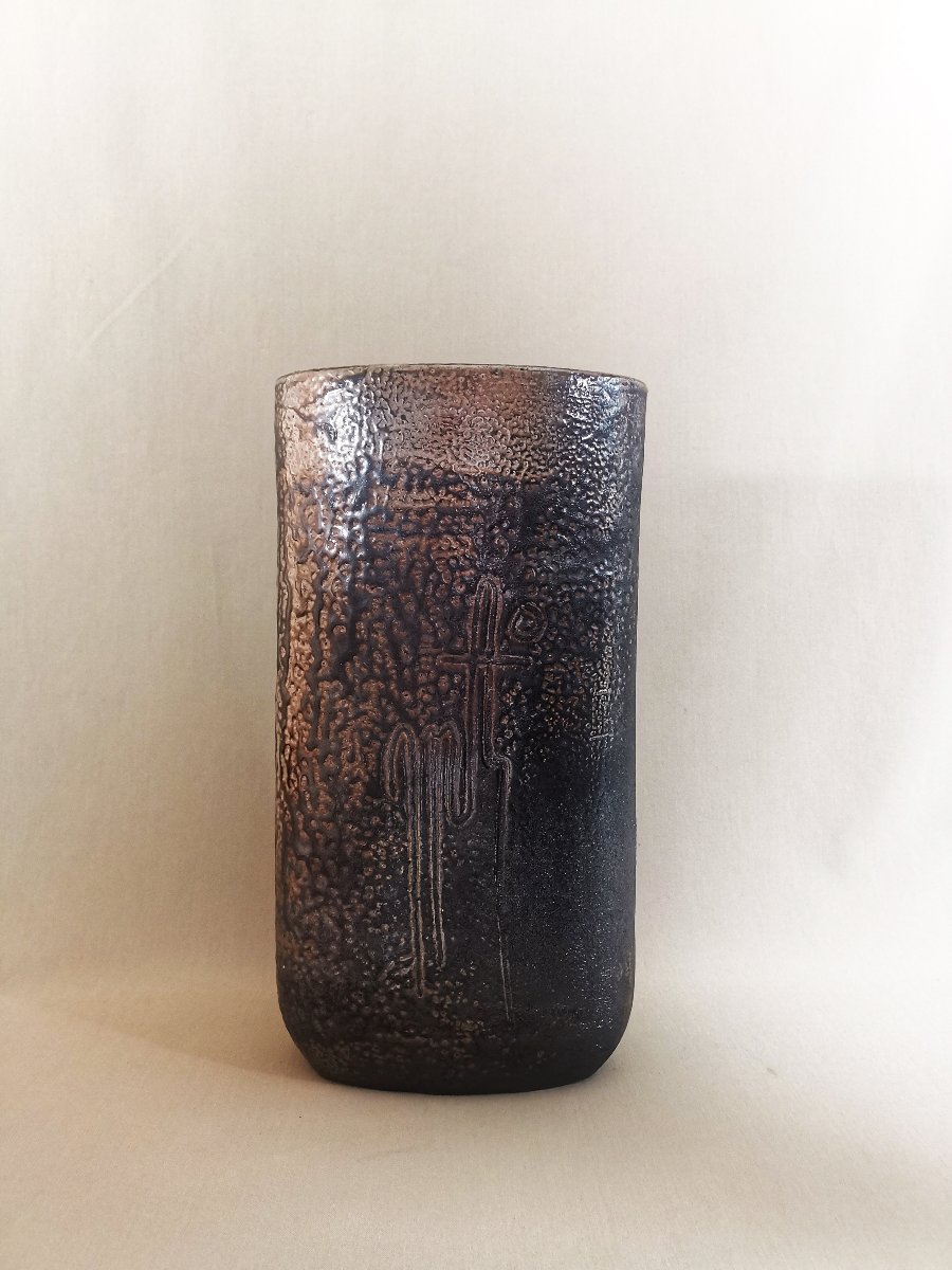 Georges Martin, Tall Vintage Ceramic Vase With An Oval Cross-section And Modernist Decor-photo-3