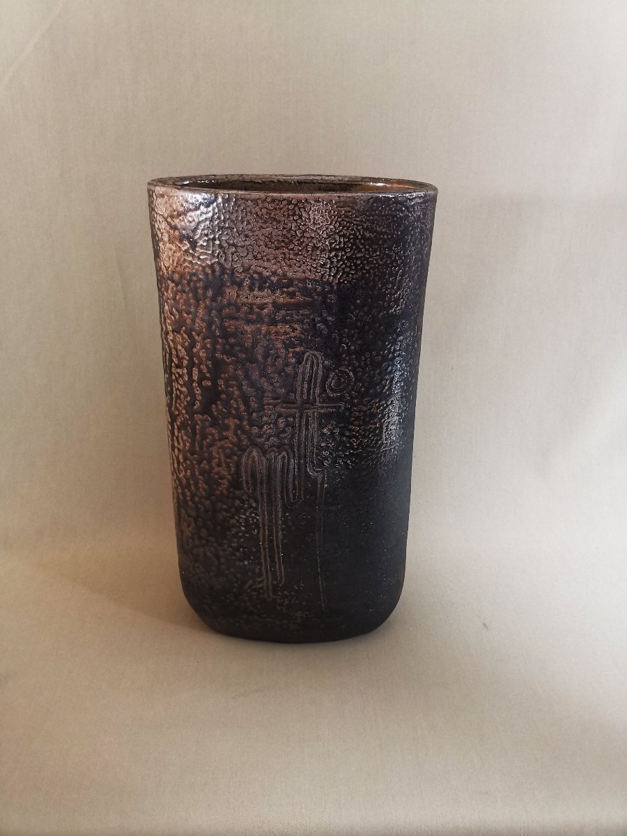 Georges Martin, Tall Vintage Ceramic Vase With An Oval Cross-section And Modernist Decor-photo-4