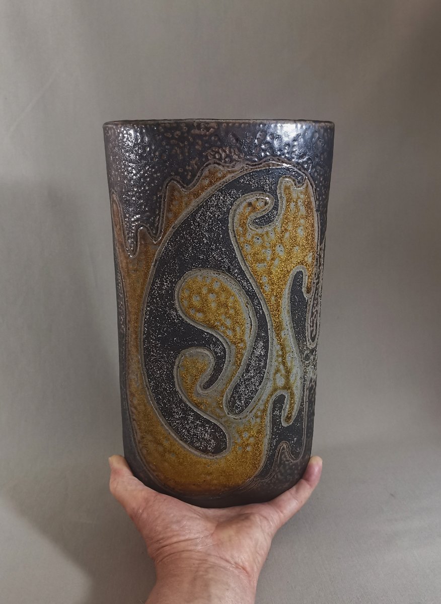 Georges Martin, Tall Vintage Ceramic Vase With An Oval Cross-section And Modernist Decor-photo-8