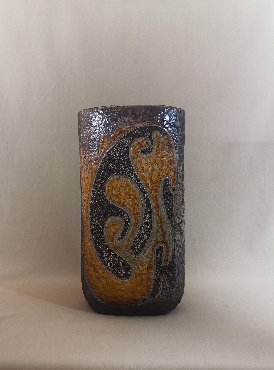 Georges Martin, Tall Vintage Ceramic Vase With An Oval Cross-section And Modernist Decor