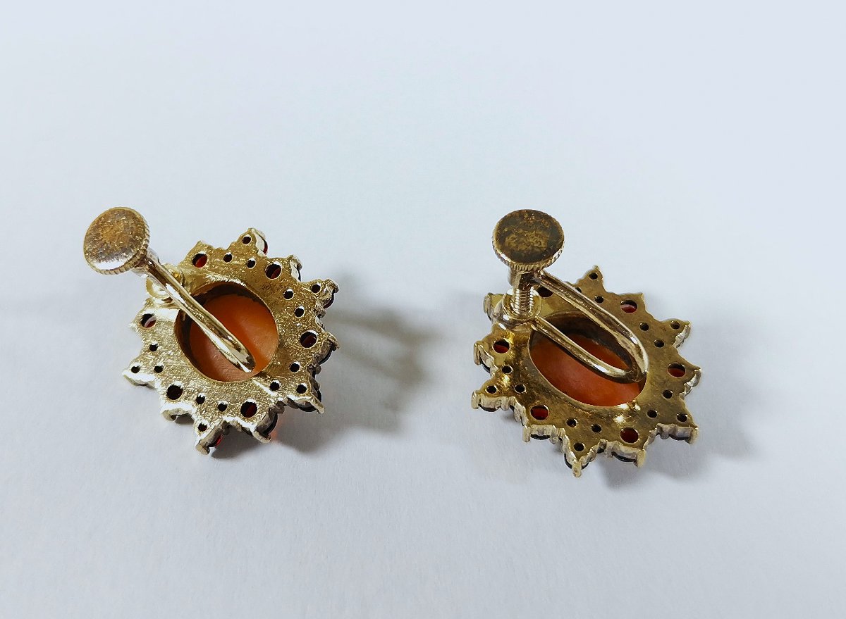 Pair Of Napoleon III-era Earrings, Shell Cameos, Garnet, And Vermeil-photo-2
