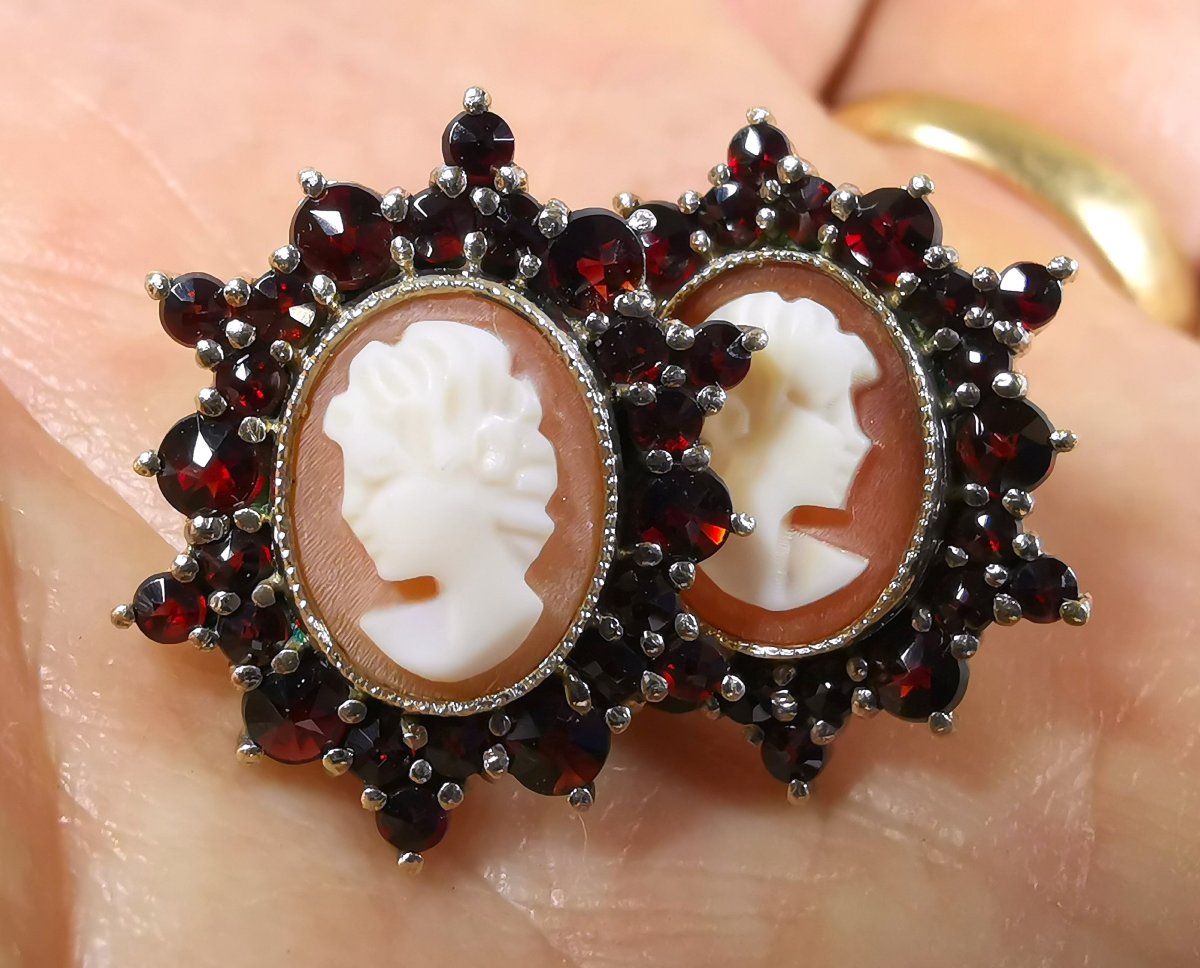 Pair Of Napoleon III-era Earrings, Shell Cameos, Garnet, And Vermeil-photo-5