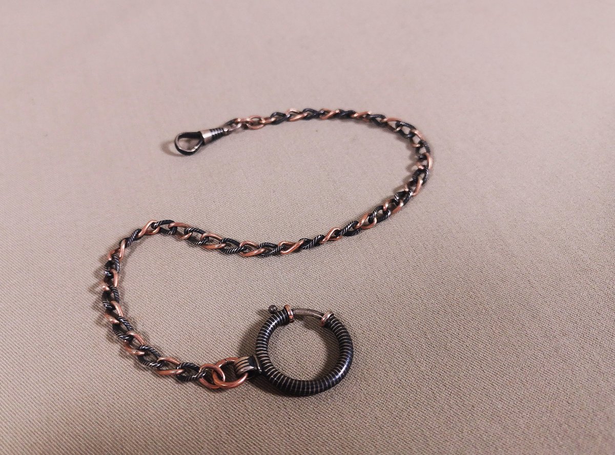 19th-century Pocket Watch Or Necklace Chain In Nielloed Silver And Vermeil-photo-4